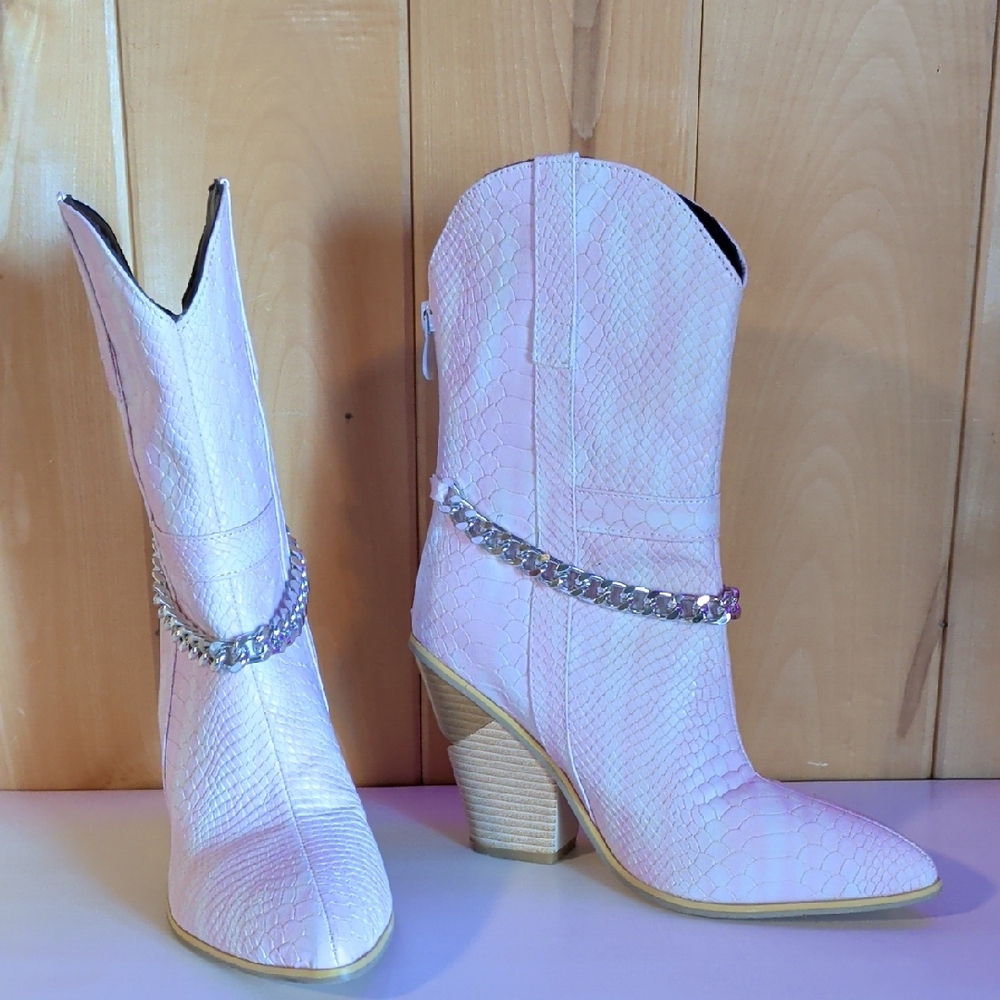 Pink Fashion Cowgirl Boots with Chain Detail